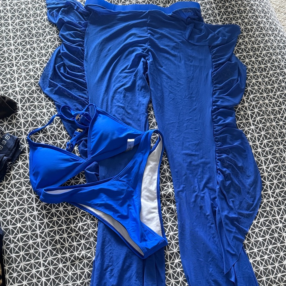 SHEIN Blue Bikini Set with Ruffled Pants